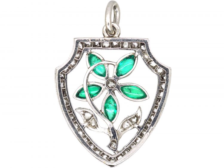 French Art Deco Platinum, Rose Diamond & Cabochon Emerald Flower Pendant