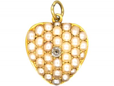 Edwardian 15ct Gold  Heart Studded with Natural Split Pearls & a Diamond