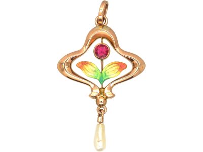 Art Nouveau 9ct Gold, Ruby & Enamel Pendant