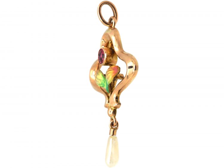 Art Nouveau 9ct Gold, Ruby & Enamel Pendant