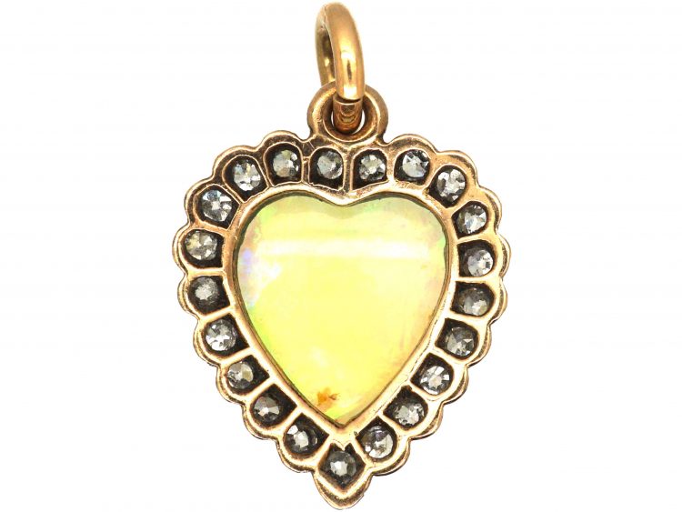 Edwardian 15ct Gold, Opal & Diamond Heart Shaped Pendant