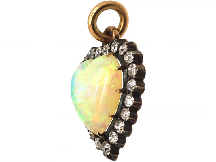 Edwardian 15ct Gold, Opal & Diamond Heart Shaped Pendant