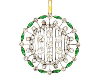Art Deco Platinum, 18ct Gold, Diamond & Green Enamel Round Pendant