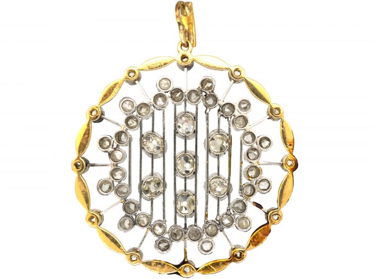 Art Deco Platinum, 18ct Gold, Diamond & Green Enamel Round Pendant