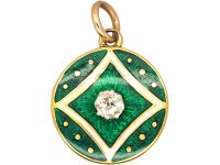 Edwardian 15ct Gold Round Green & White Enamel Locket set with a Diamond