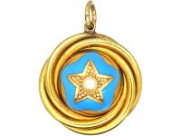 Victorian 15ct Gold & Turquoise Enamel & Natural Pearl Star Pendant with Glazed Locket