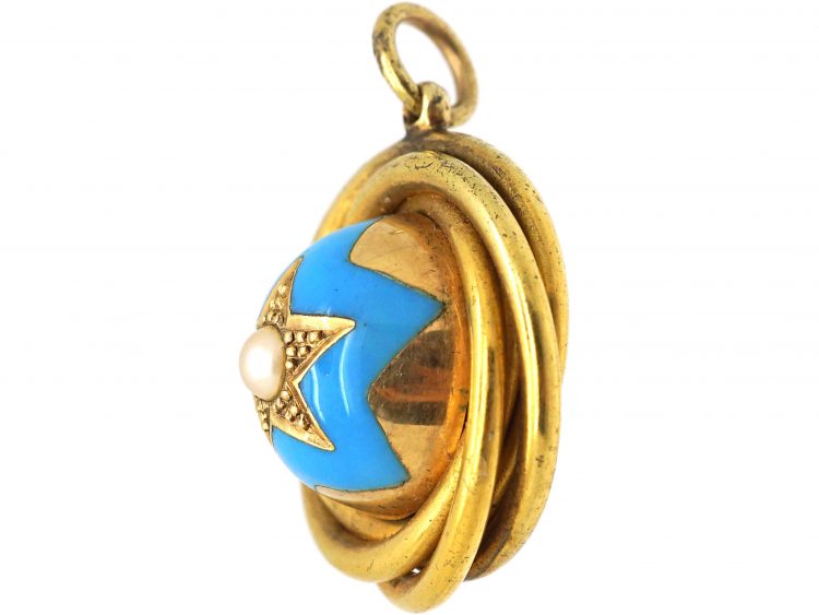 Victorian 15ct Gold & Turquoise Enamel & Natural Pearl Star Pendant with Glazed Locket