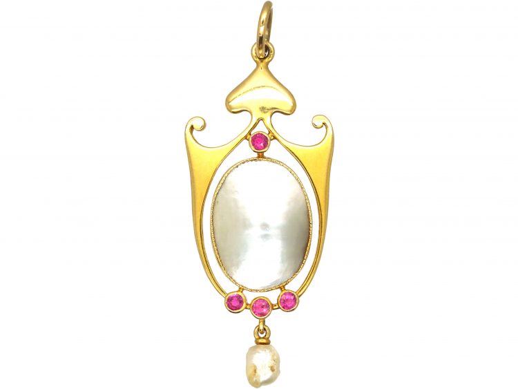 Art Nouveau 15ct Gold Pendant set with Rubies & Baroque Pearls by Murrle Bennett & Co