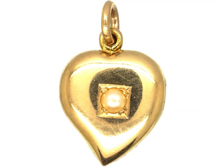 Edwardian 15ct Gold Witches Heart Locket set with a Natural Split Pearl