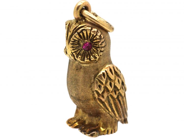 Edwardian 9ct Gold Owl Pendant with Ruby Eyes