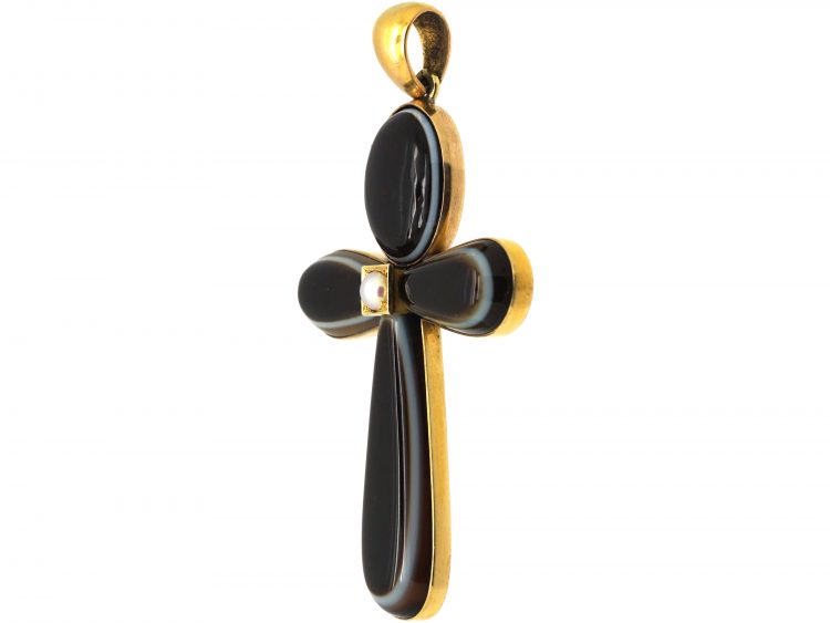 Victorian 18ct Gold, Natural Split Pearl & Banded onyx Cross