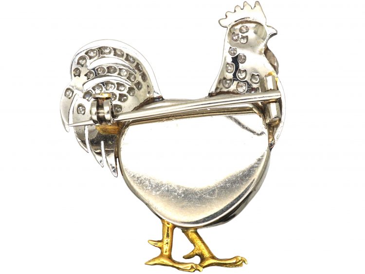 Platinum & 18ct Gold, Diamond, Enamel & Baroque Pearl Cockerel Brooch in Original Case