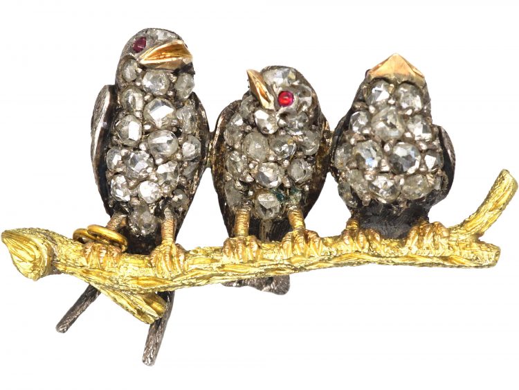 Edwardian Novelty Brooch of Three Diamond Set Birds on a Branch in The Original Case