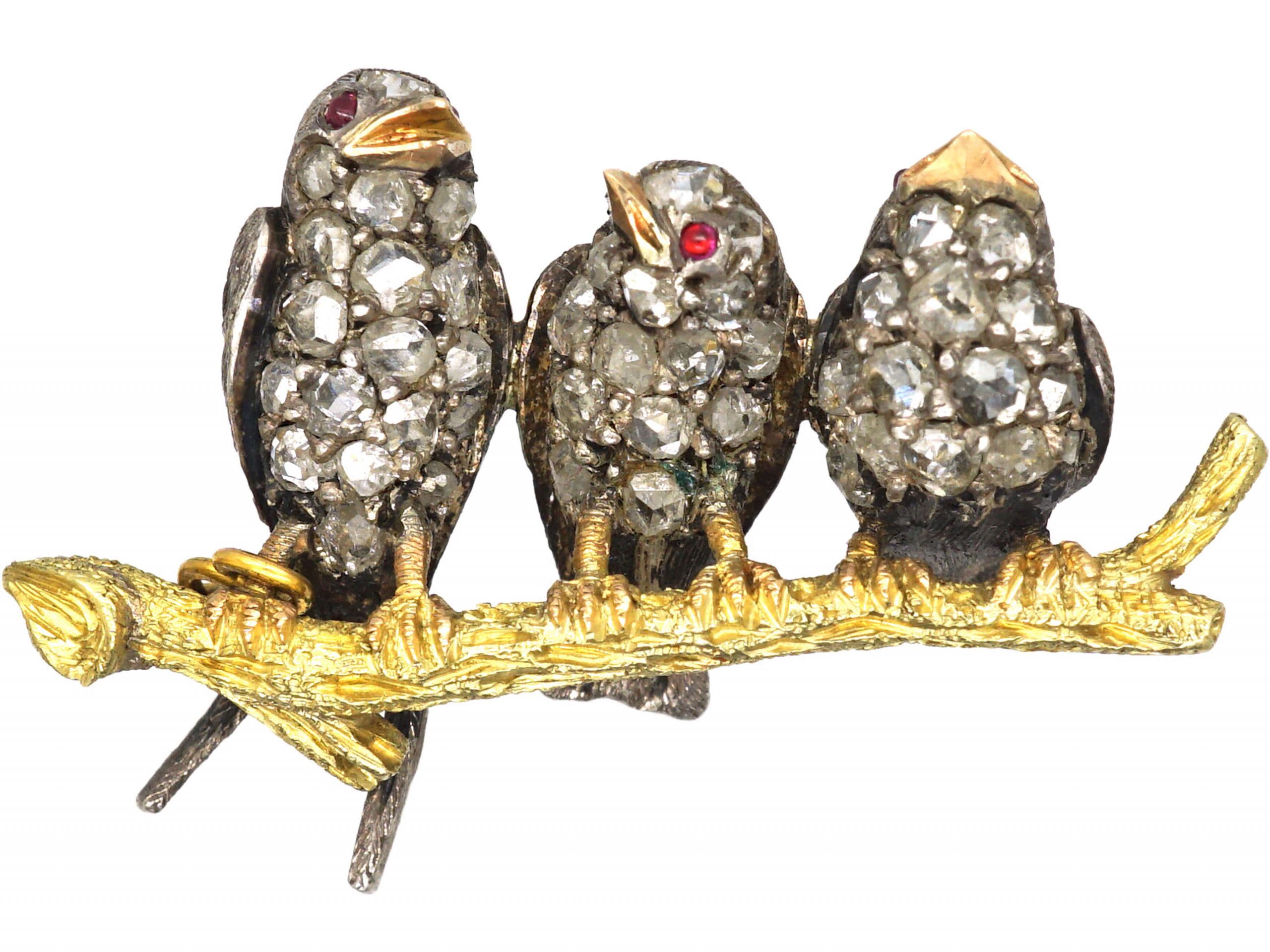 Edwardian Novelty Brooch of Three Diamond Set Birds on a Branch in The