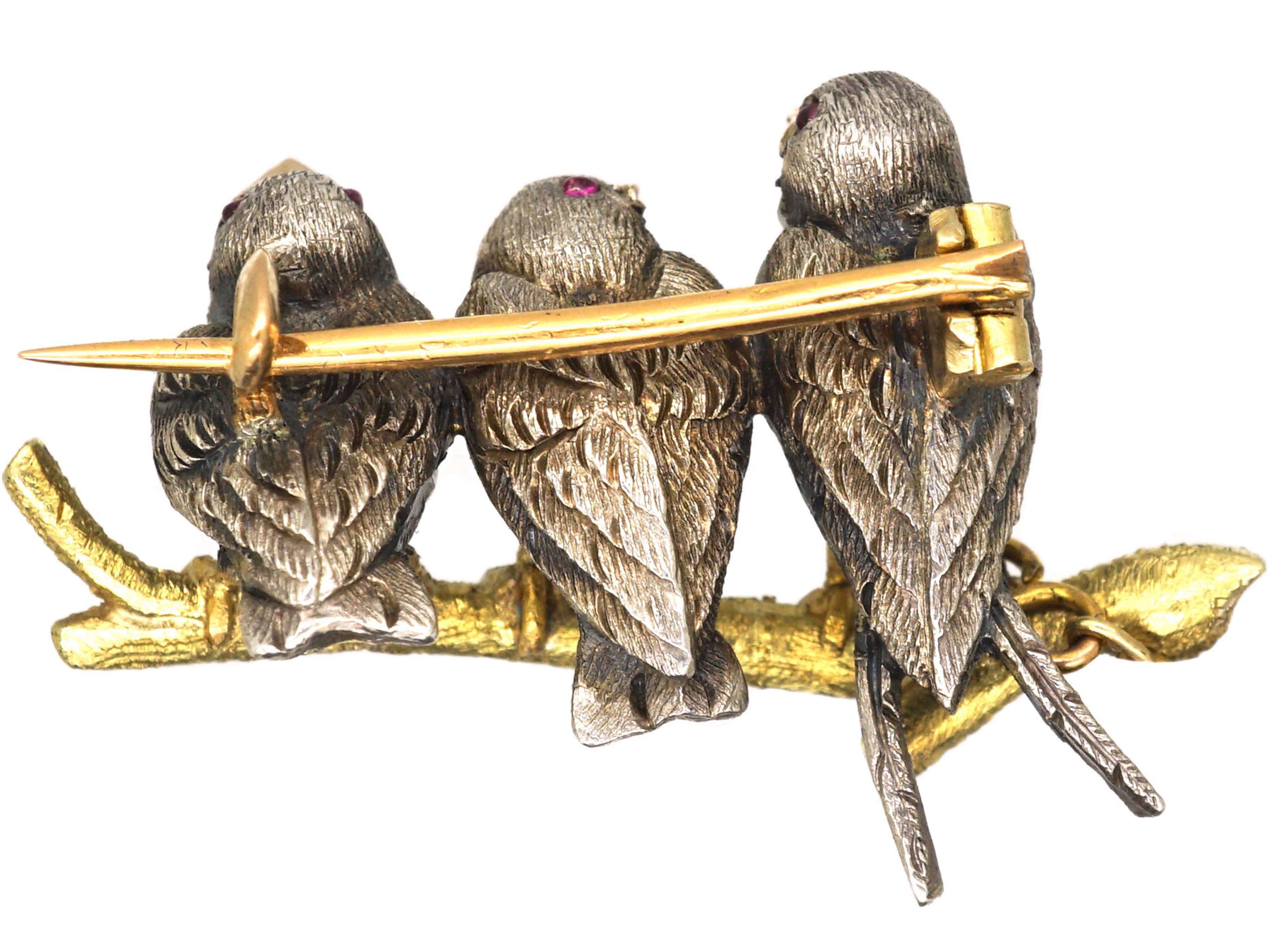 Edwardian Novelty Brooch of Three Diamond Set Birds on a Branch in The