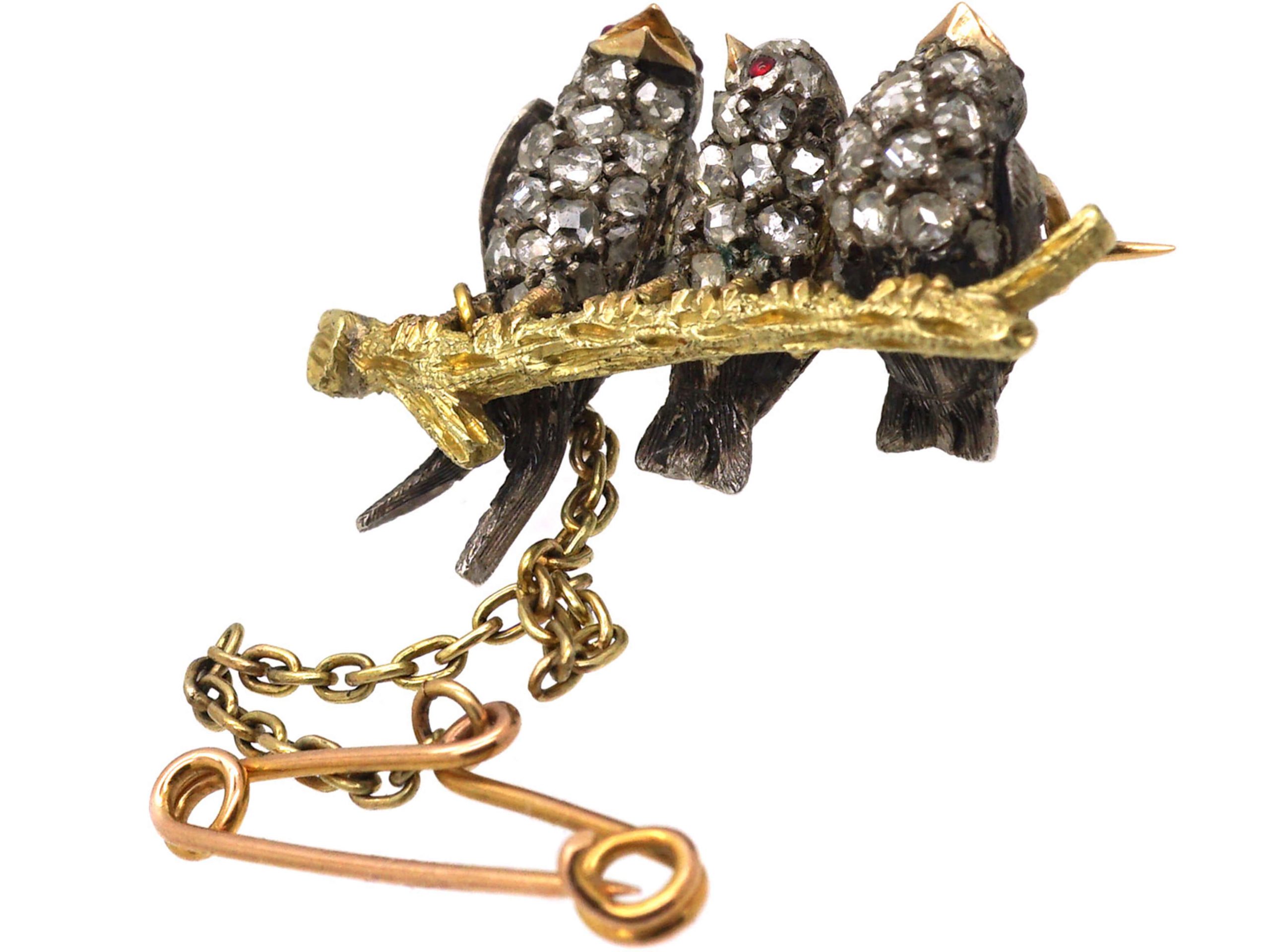 Edwardian Novelty Brooch of Three Diamond Set Birds on a Branch in The Original Case (749T