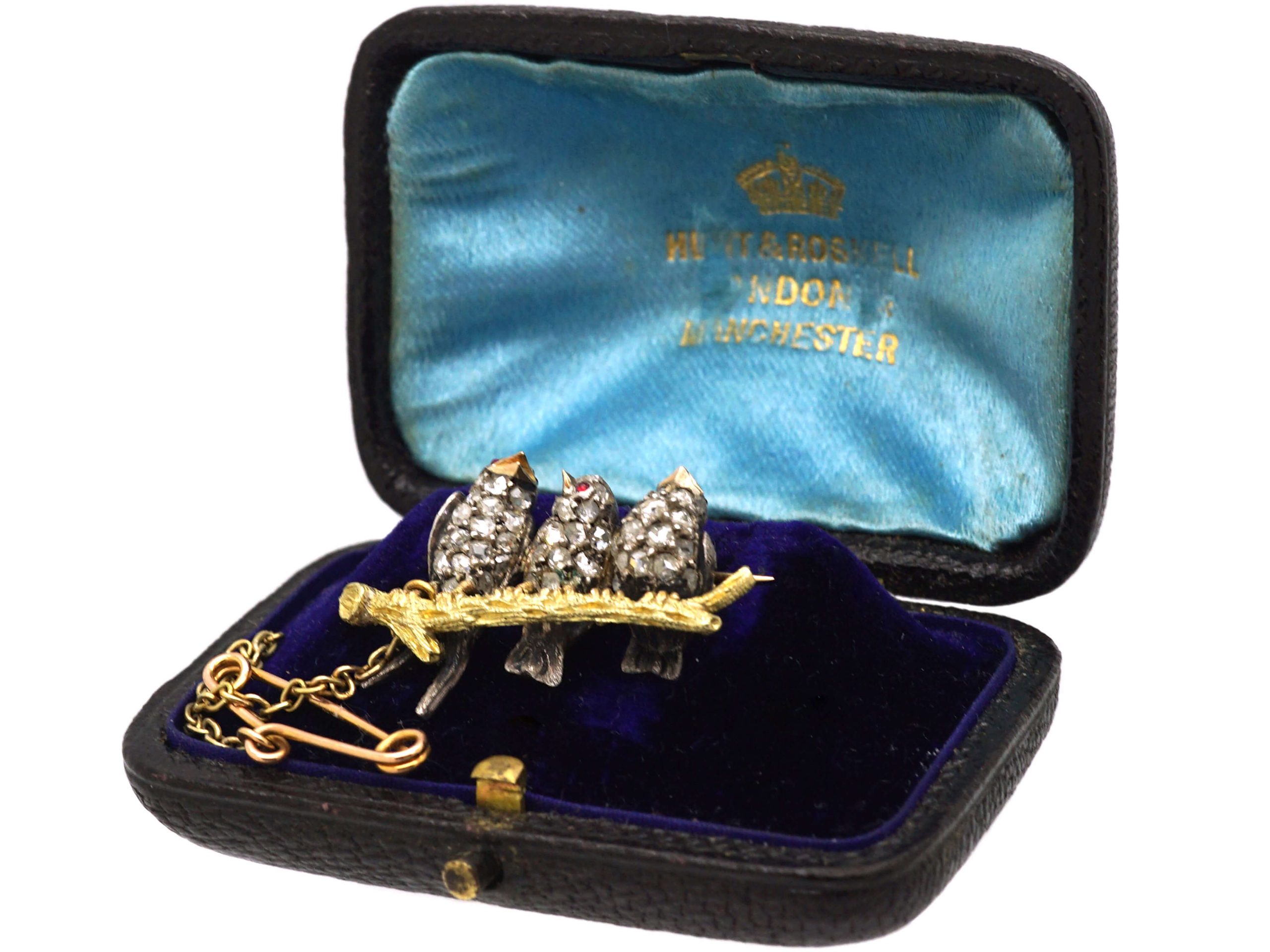 Edwardian Novelty Brooch of Three Diamond Set Birds on a Branch in The