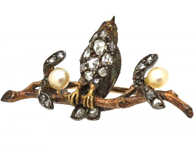 Edwardian 18ct Two Colour Gold & Silver Novelty Brooch of a Bird on a Branch With Two Mistletoe Sprigs in Original Case