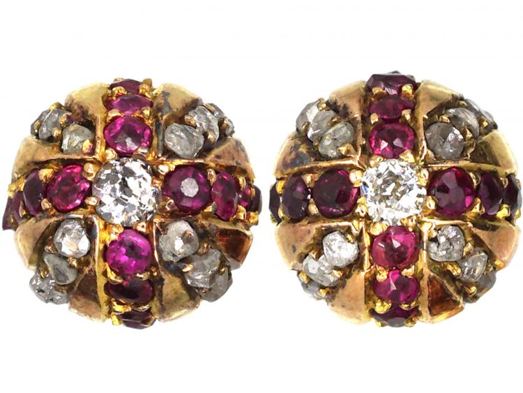 Edwardian 18ct Gold, Ruby & Diamond Ball Earrings