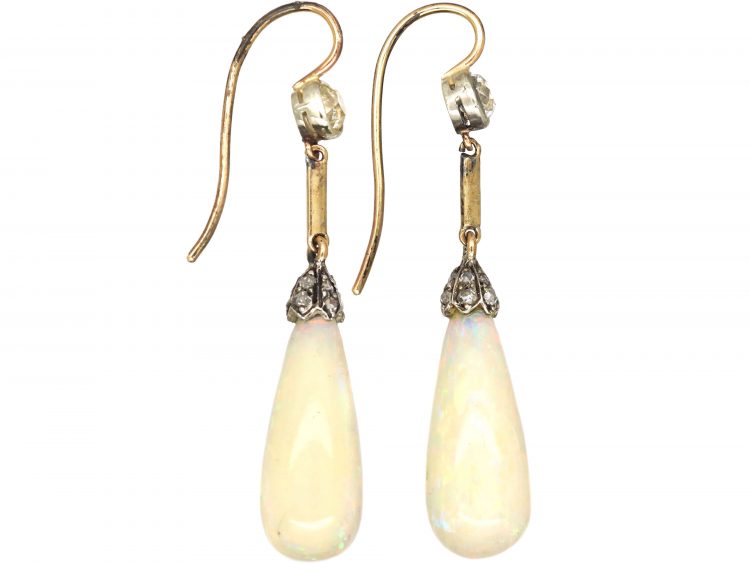 Art Deco 15ct Yellow & White Gold, Pear Shaped Opal & Diamond Drop Earrings