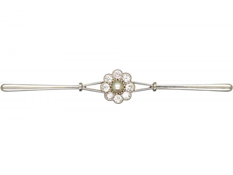 Art Deco 15ct Gold & Platinum, Diamond & Natural Pearl Cluster Brooch