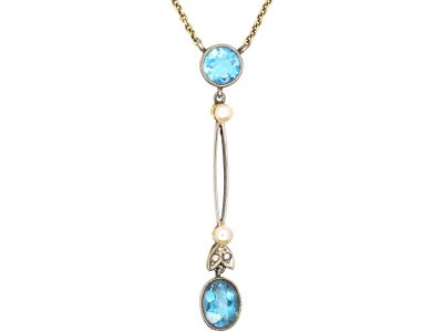 Art Deco 15ct Gold & Platinum Aquamarine & Rose Diamond Drop Pendant on 15ct Gold Chain