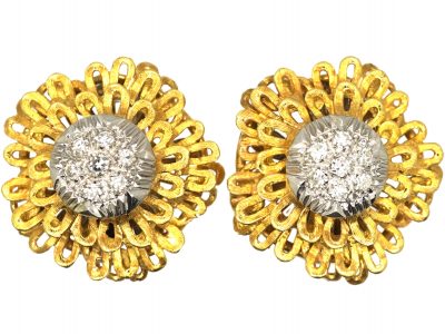1970s Clip On 18ct Gold & Diamond Flower Earrings