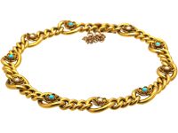 Edwardian 10ct Gold Bracelet with Flower Motifs set with Natural Split Pearls & Turquoise