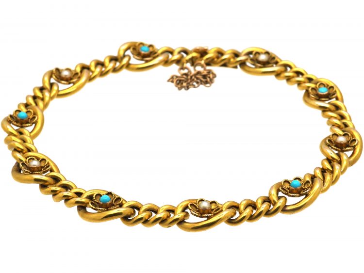 Edwardian 10ct Gold Bracelet with Flower Motifs set with Natural Split Pearls & Turquoise