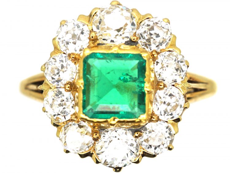Early 20th Century 18ct Gold, Square Cut Emerald & Diamond Cluster Ring