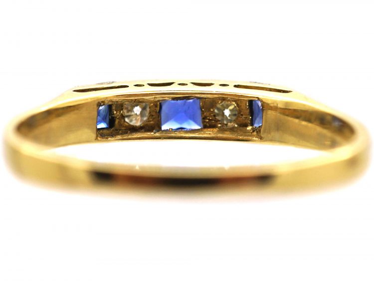 Art Deco 18ct Gold & Platinum, French Cut Sapphire & Diamond Five Stone Ring
