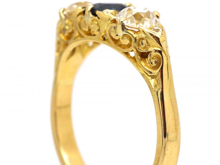 Victorian 18ct Gold, Three Stone Diamond & Sapphire Carved Half Hoop Ring