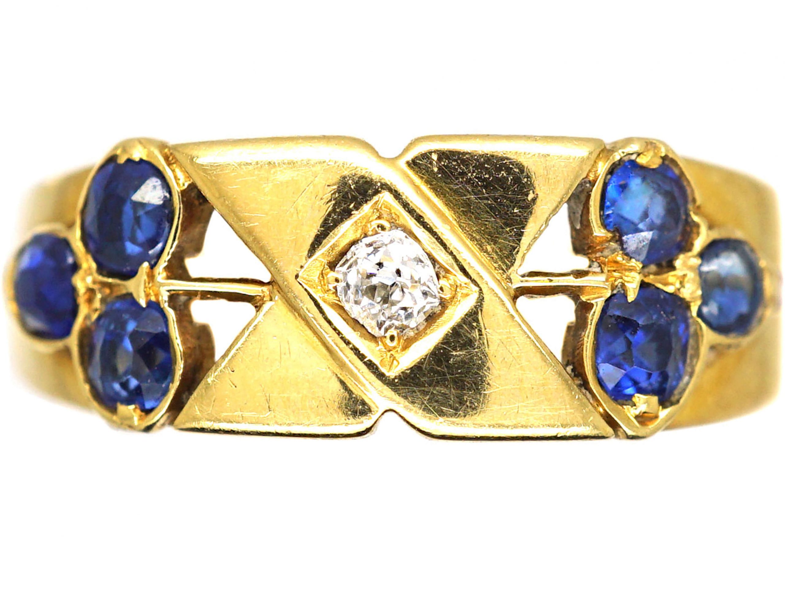 Edwardian 18ct Gold Kiss Ring set with a Diamond & Sapphires (770T