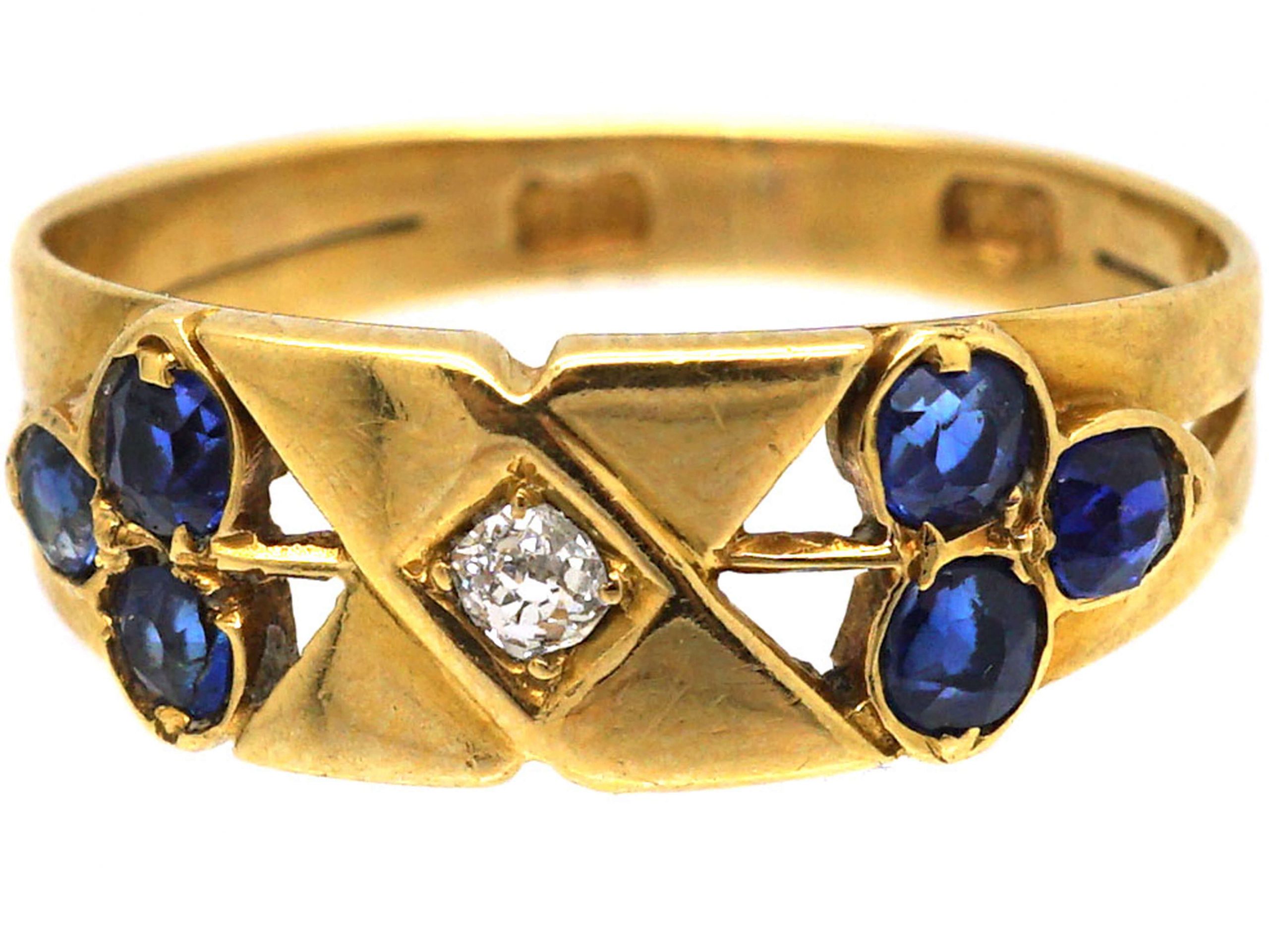 Edwardian 18ct Gold Kiss Ring set with a Diamond & Sapphires (770T 