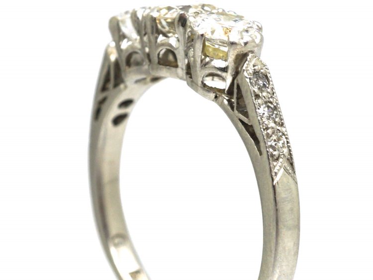 Art Deco Platinum, Three Stone Diamond Ring with Diamond Set Shoulders