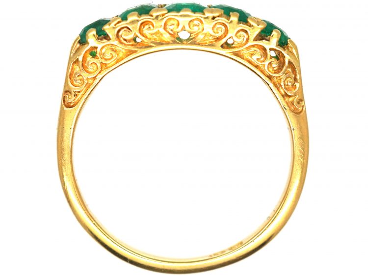 Edwardian 18ct Gold, Five Stone Emerald Carved Half Hoop Ring
