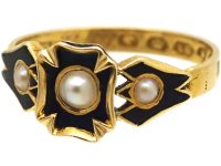 Early Victorian 18ct Gold Black Enamel & Natural Split Pearl Ring