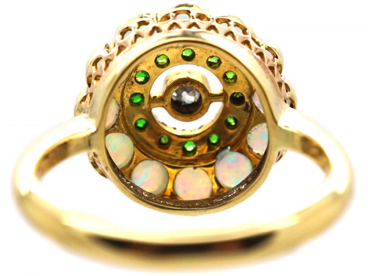 Edwardian 18ct Gold, Opal, Diamond & Green Garnet Cluster Ring