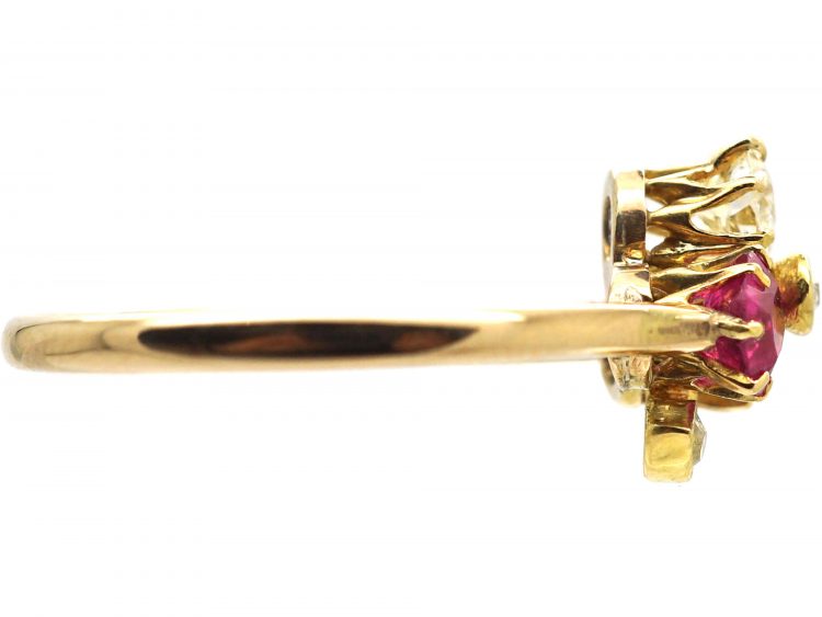 Edwardian 18ct Gold Trefoil Ring set with a Sapphire, Ruby & Diamonds