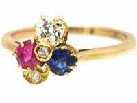 Edwardian 18ct Gold Trefoil Ring set with a Sapphire, Ruby & Diamonds