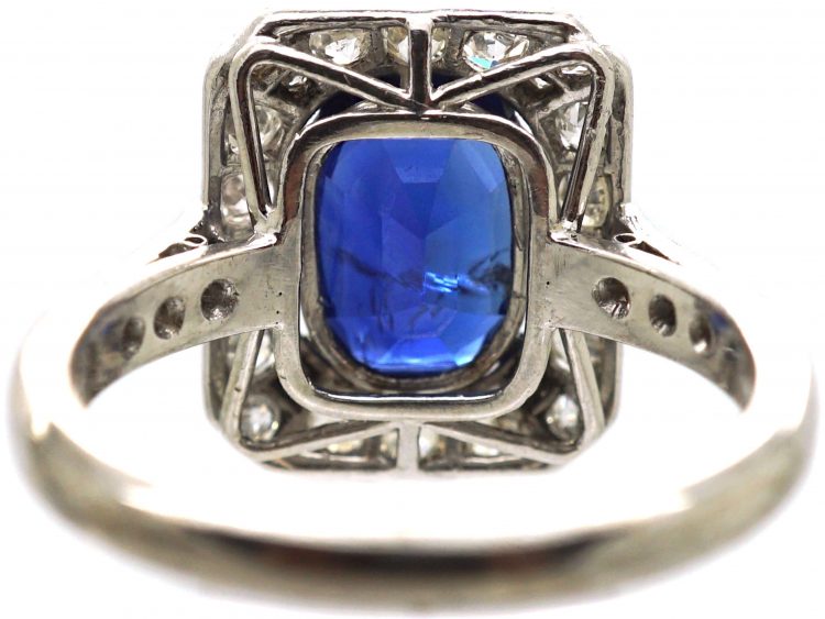 Art Deco 18ct White Gold & Platinum, Unheated Sapphire & Diamond Ring with Diamond Set Shoulders