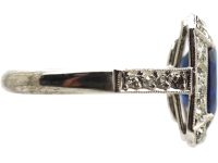 Art Deco 18ct White Gold & Platinum, Unheated Sapphire & Diamond Ring with Diamond Set Shoulders