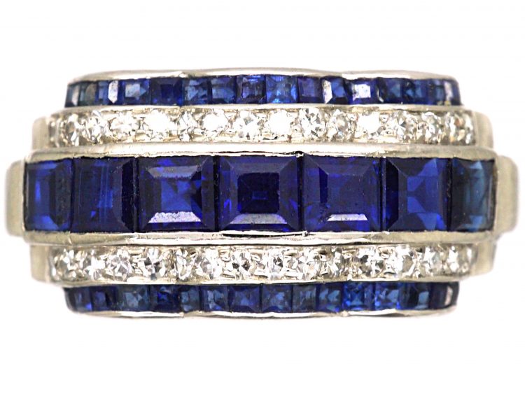 Art Deco Platinum, Sapphire & Diamond Ring with Scalloped Edges