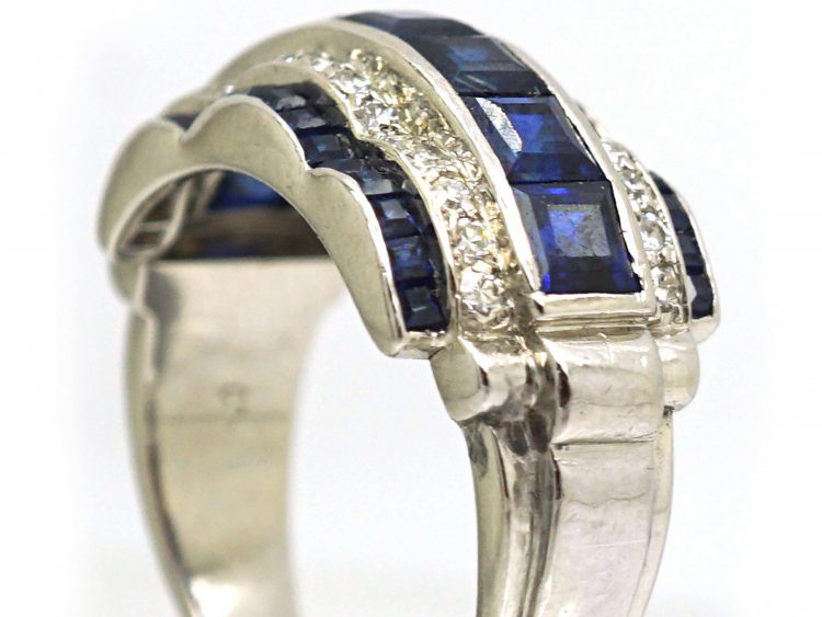 Art Deco Platinum, Sapphire & Diamond Ring with Scalloped Edges