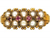 Victorian 15ct Gold Ring set with Natural Split Pearls with Small Rubies along the Middle