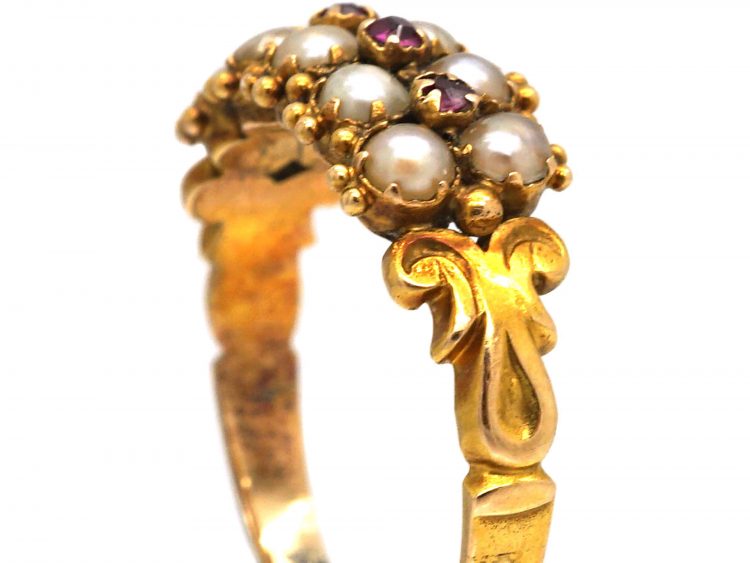 Victorian 15ct Gold Ring set with Natural Split Pearls with Small Rubies along the Middle