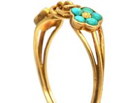Early 19th Century 18ct Gold, Forget me Not Double Turquoise Clusters & Lover's Knot Ring