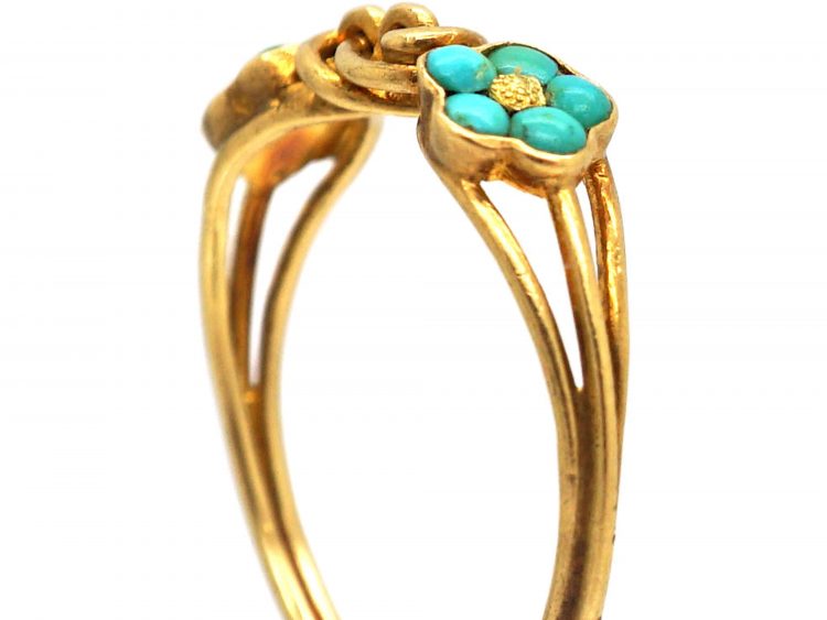 Early 19th Century 18ct Gold, Forget me Not Double Turquoise Clusters & Lover's Knot Ring