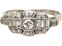 Art Deco 18ct White Gold Diamond Ring with Baguette Diamond Detail
