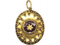 Victorian 15ct Gold Oval Pendant set with a Garnet & Rose Diamond with Locket on the Reverse